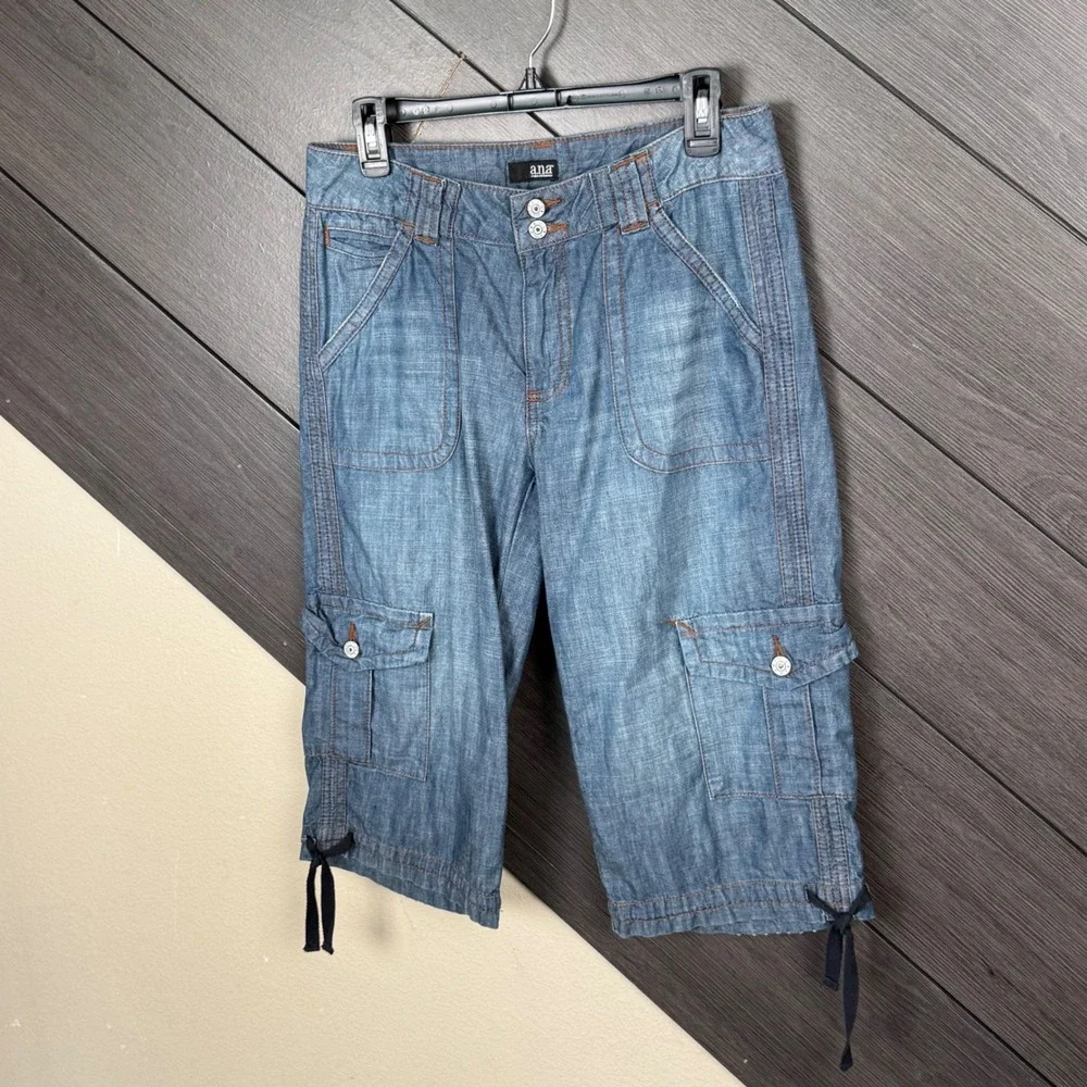 a.n.a Women's Y2K Denim Cargo Bermuda Shorts 10P Blue Drawstring Hem Utility
